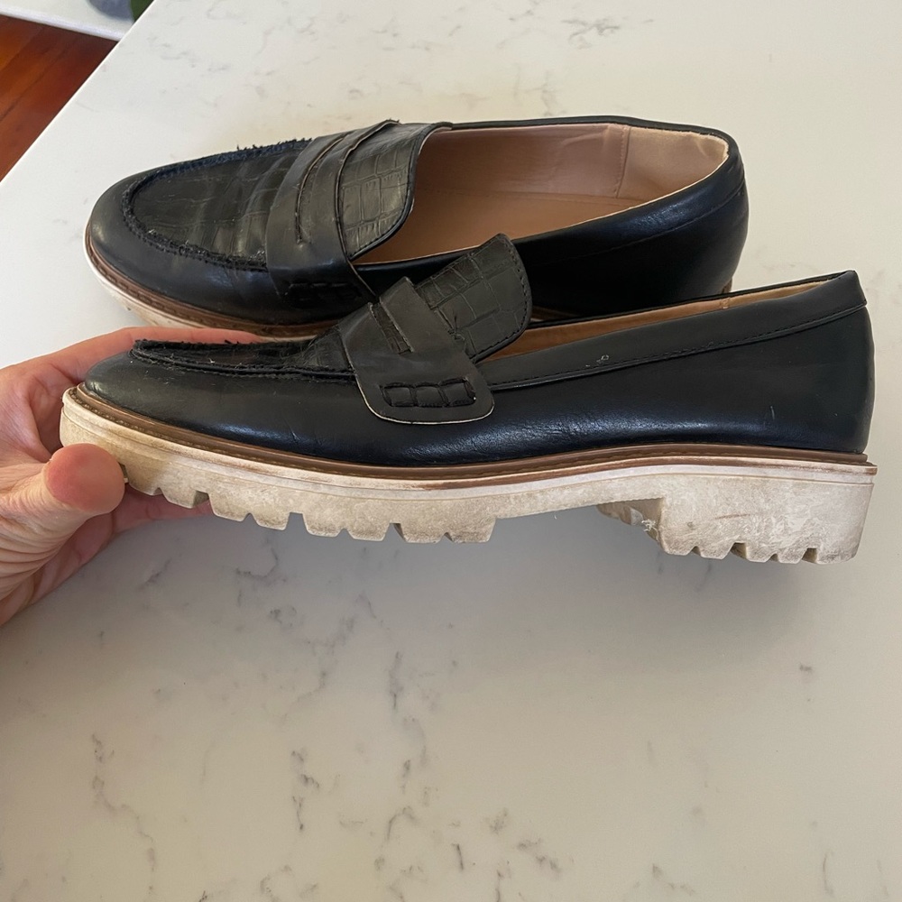 Franco Sarto Black Leather Loafers with Chunky Sole